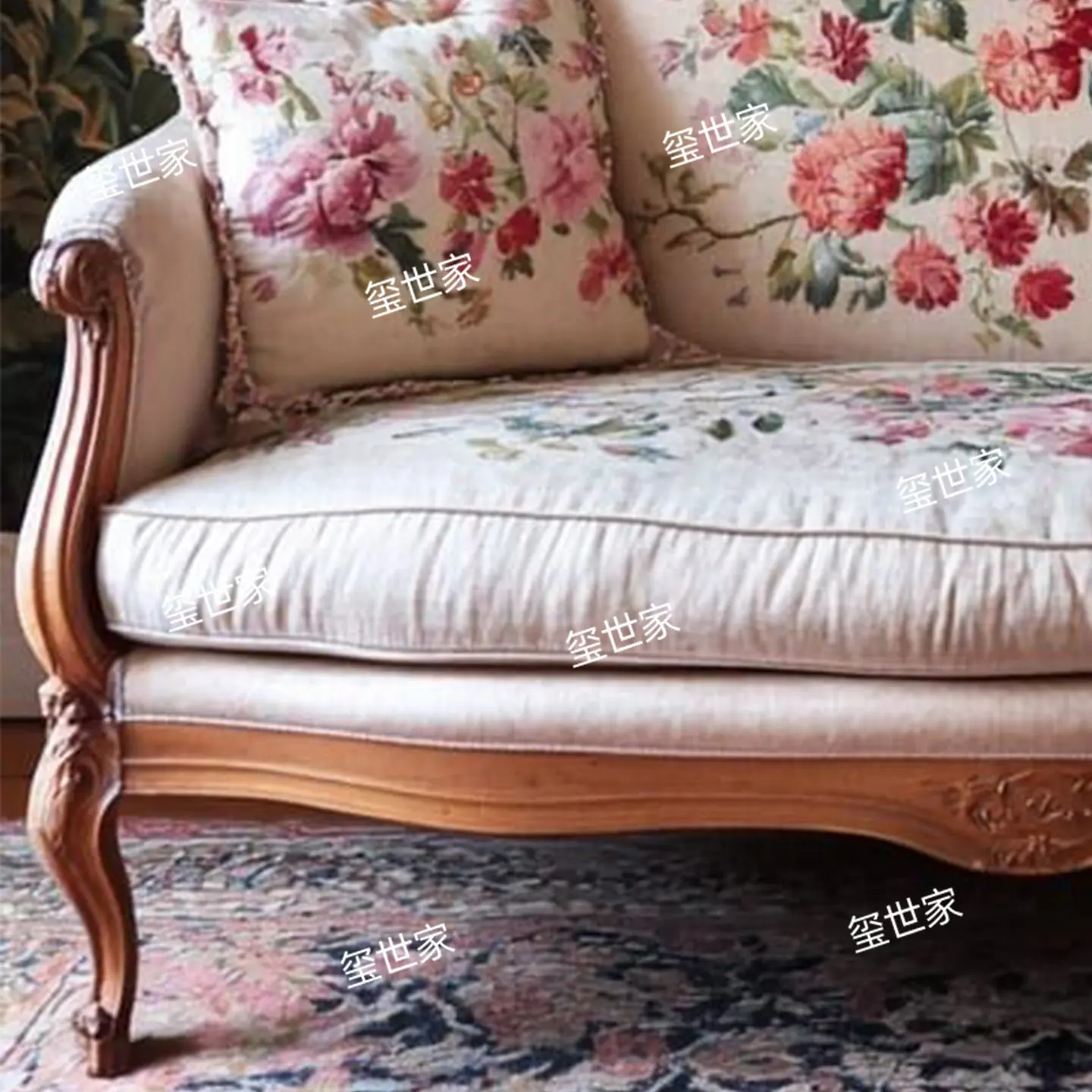 American retro solid wood sofa small apartment living room three-person straight row sofa chair printed fabric