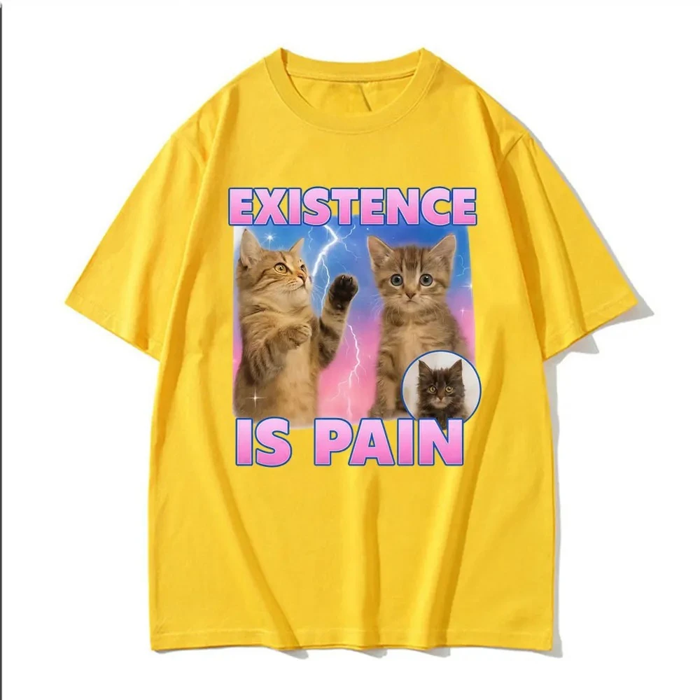 La existencia es el dolor. Camiseta divertida y linda con diseño de expresión de gato para mujer. Camiseta Kawaii de moda retro. Camiseta casual de verano.