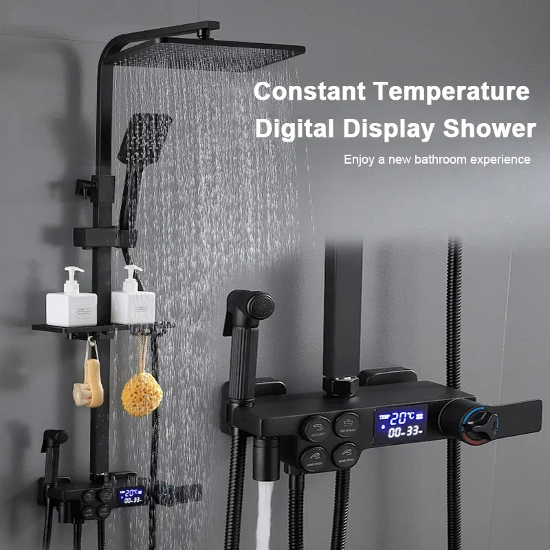 

Bad Dusch system Set schwarz Thermostat Digital anzeige Dusche Wasserhahn nach Hause voll Kupfer Bad Dusche