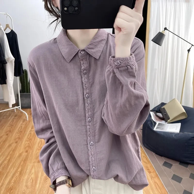 

Korean Lace Stitching Cotton Long-Sleeved Shirt Women's Spring Summer 2024 Loose Age-Reducing Blouse Retro Bottoming Shirt Lady