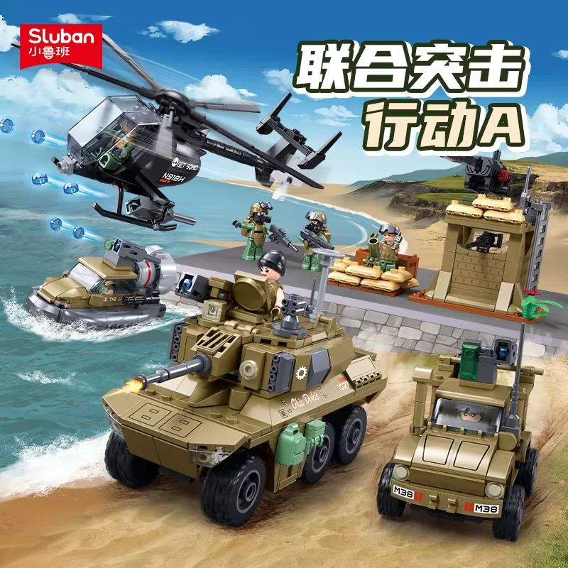 Sluban 744Pcs Military Joint Assault Operations Bricks EBRC Reconnaissance Armored Vehicle Helicopter Building Blocks Boys Toys