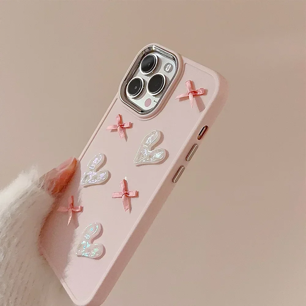 3D Pink Love Heart Bow Phone Case for IPhone16 15 14 12 13 11 Pro ProMax Mini Plus X XR Shockproof Phone Cover