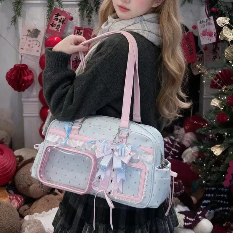 Anime Ita-Tasche mit transparentem Sichtfenster, Schultertasche mit Polka-Dot-Muster, Schleifen- und Spitzenbesatz, süße Lolita-Handtasche für Mädchen – Detail 9