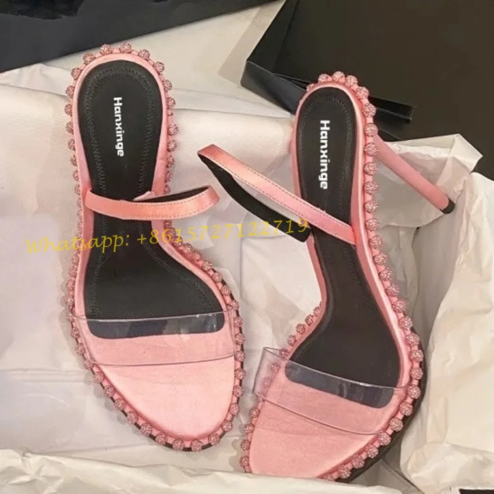 Crystal Bordered Summer Heels Sandals Transparent Women Pink Party Slingback Sandals New Arrival Thin High Heel Elegant Sandals