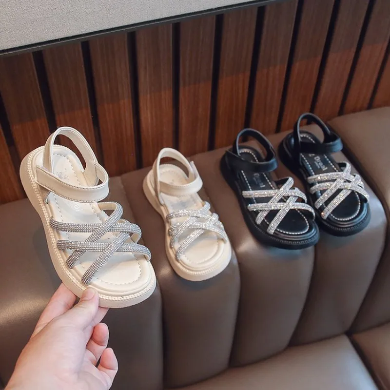 

Детские пляжные сандалии с открытым носком для девочек, летние, новые, модные, со стразами, с ремешком на щиколотке, коллекция 2026