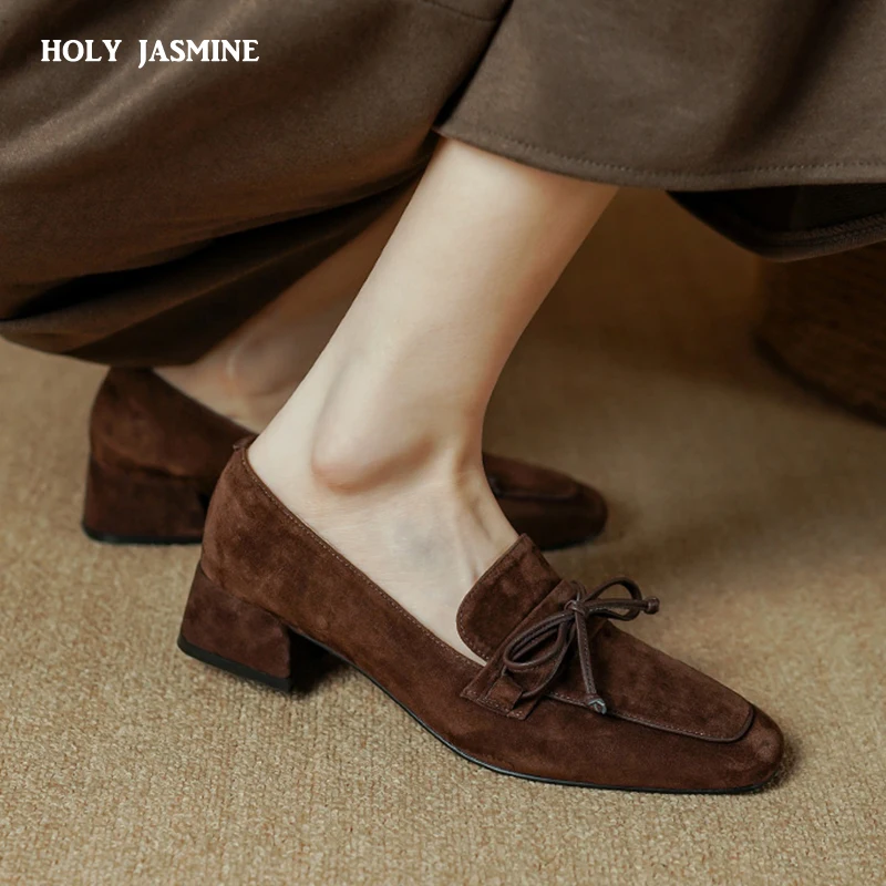 Fashion Classic Women Pumps Square Toe High Heels Genuine Leather Kid Suede Concise Shoes Woman 2023 Spring Office Ladies Casual