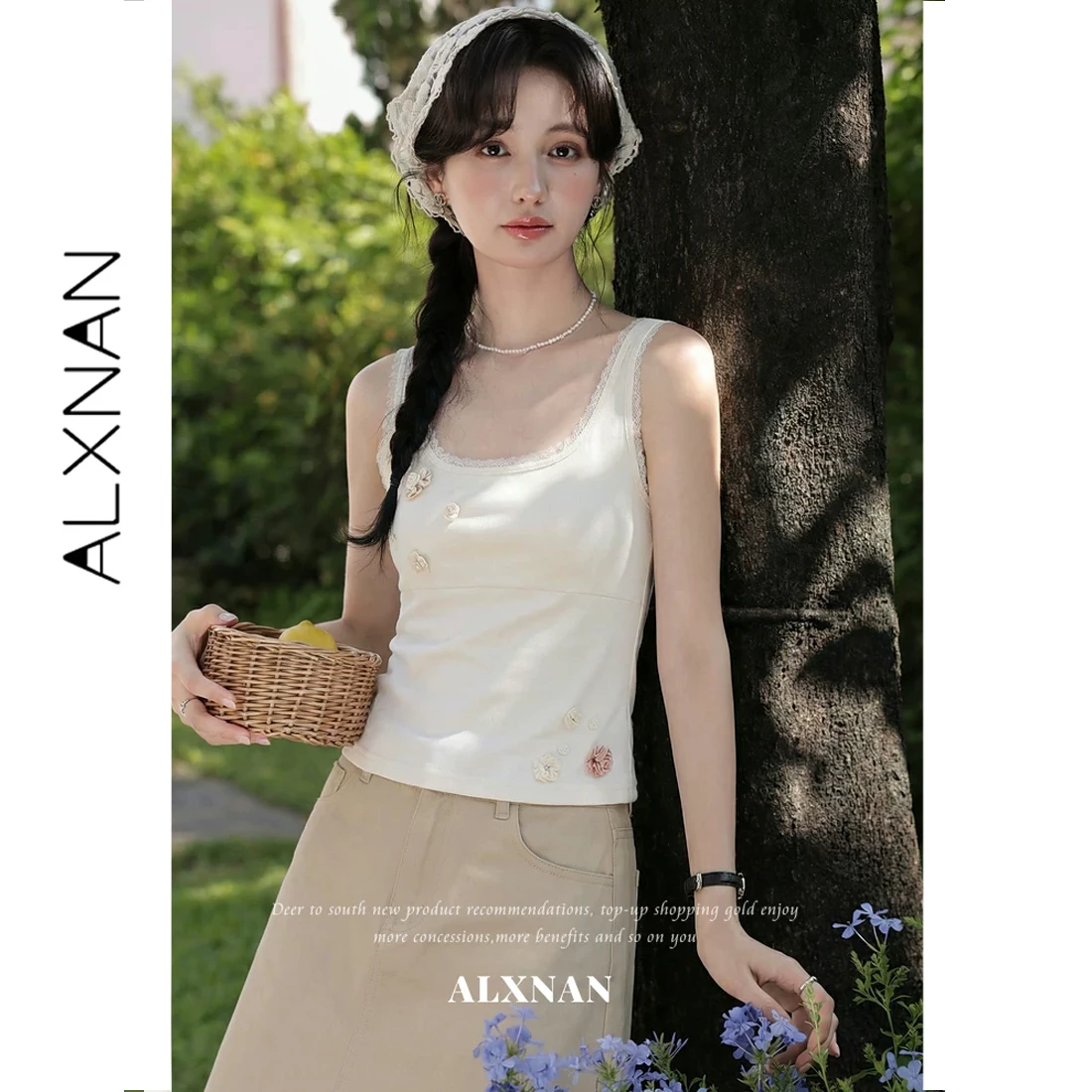 

ALXNAN Lace Trim Tank Tops Square Neck 3D Flower Design Tanks 2026 Summer Elegant Holiday Beach Sleeveless Tops Female L63602A