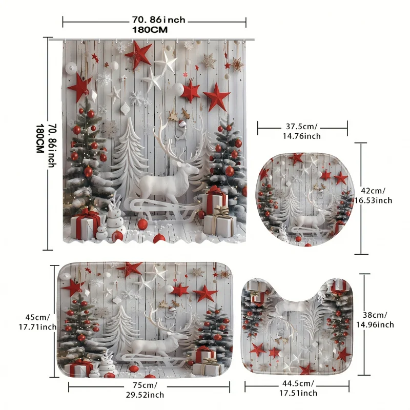 1/3/4pcs Christmas Shower Curtain , with Snowman and Forest Theme, Number Printed Waterproof Bathroom Decoration Set, Includi