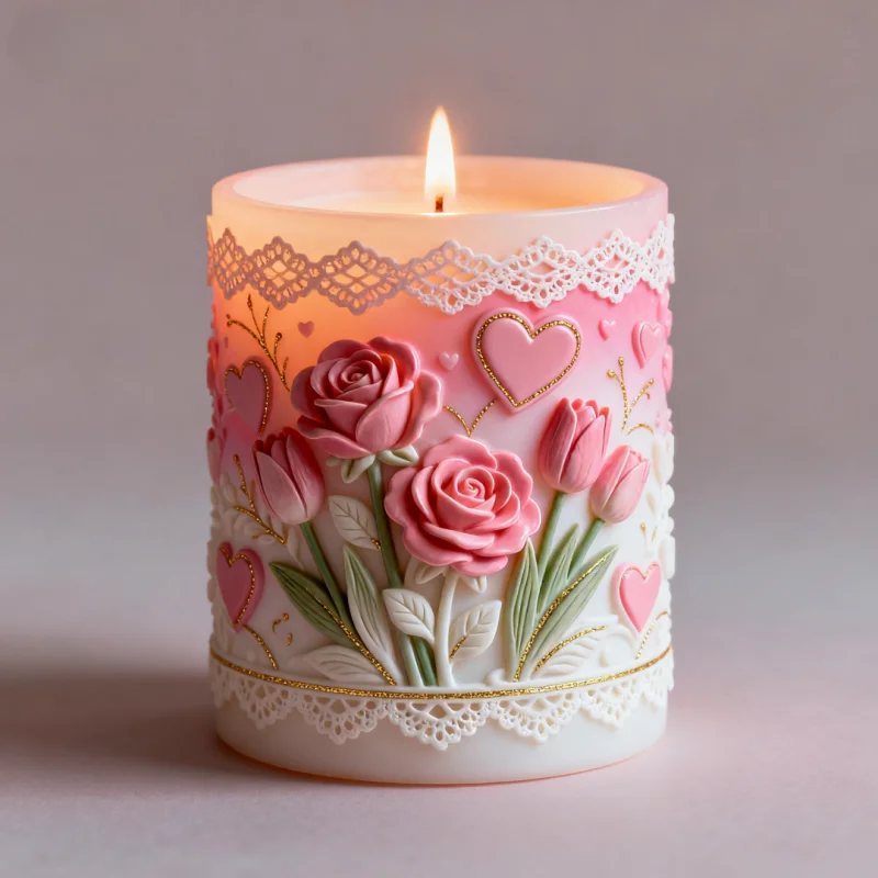 Molde de silicona con forma de vela de corazón rosa en relieve, patrón de encaje romántico, vela de aromaterapia, molde reutilizable hecho a mano