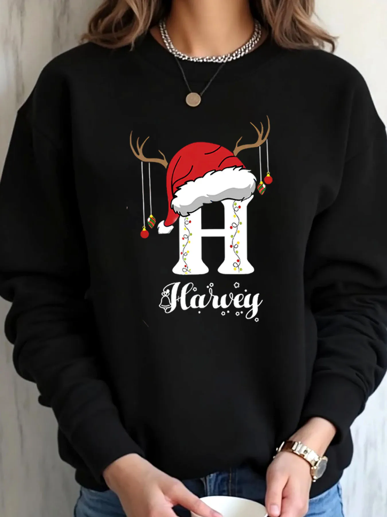 Women Oversized Sweatshirt Christmas Letter H With Santa Hat And Reindeer Antlers Print For Outdoor Wear