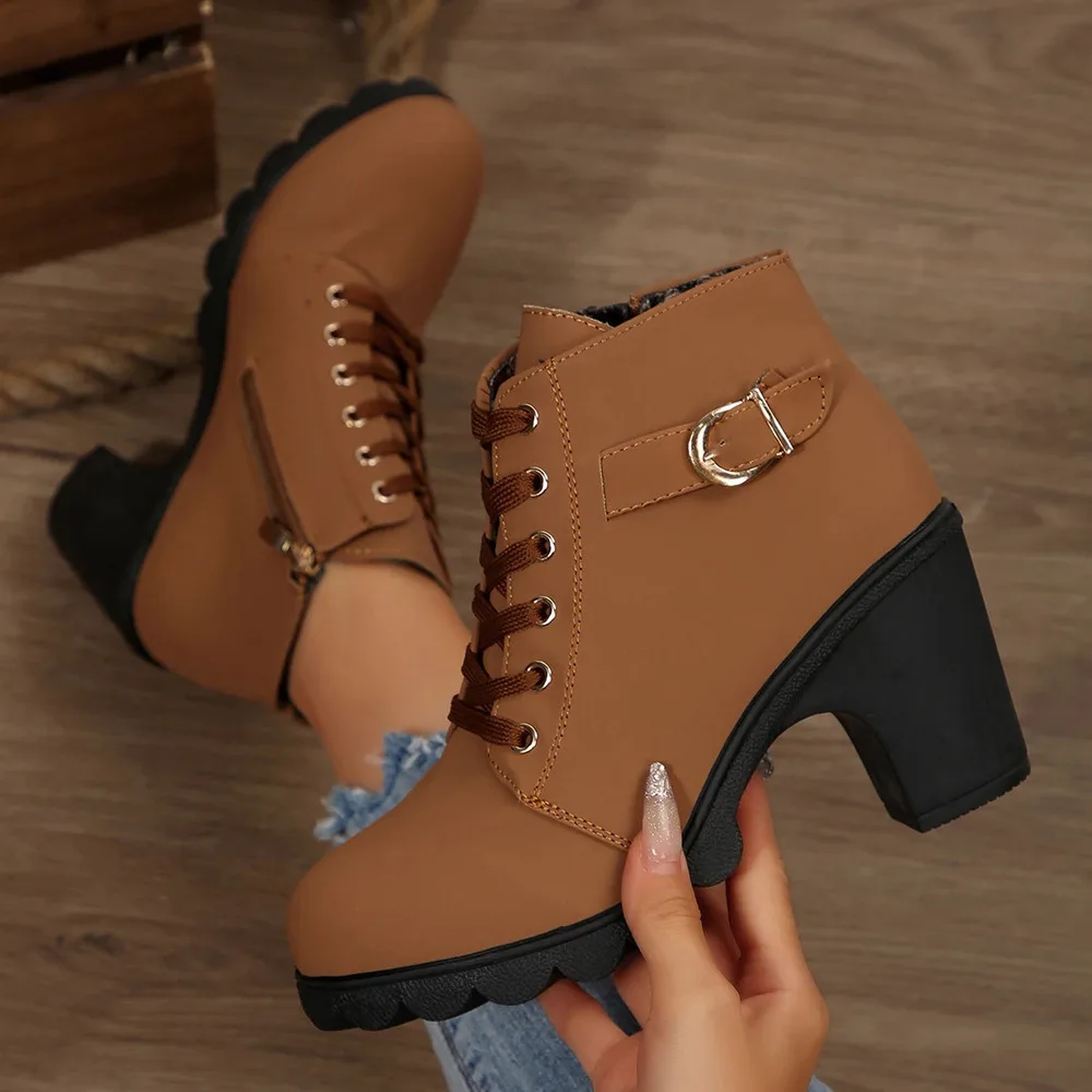 2026 High Heel Ankle Autumn Lace Up Comfortable Short Boots Retro Fashion New Trend Lady Shoes Women Botas De Mujer