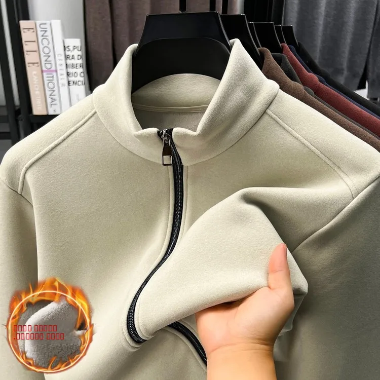 

Warm Zipper Closure Fce Lined Long Sve Stand Collar Jaet Coat for Men Autumn Winter Outerwear Polyester Spandex Blend