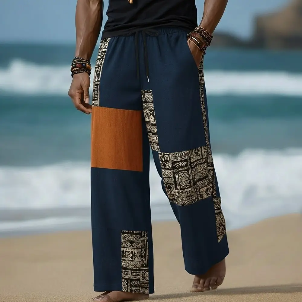 Herren-Freizeithose mit geometrischem Ethno-Muster und Farbblockierung, Baggy-Stil mit mittlerer Taille, elastischem Kordelzug, Frühlings- und Sommer-Urlaubshose