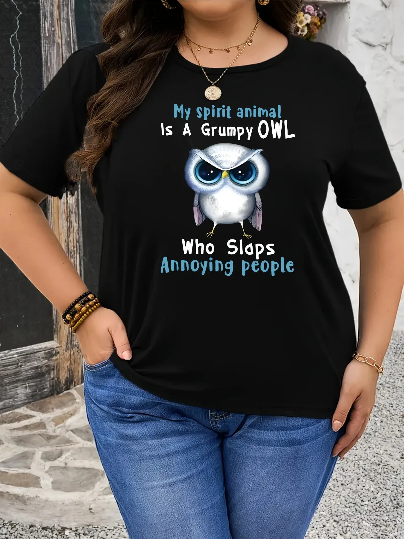 Kaos Cetak Burung Hantu Ukuran Besar untuk Wanita - Lengan Pendek Kasual dengan Leher Bulat, Pola Hewan, Koleksi Musim Semi/Musim Panas