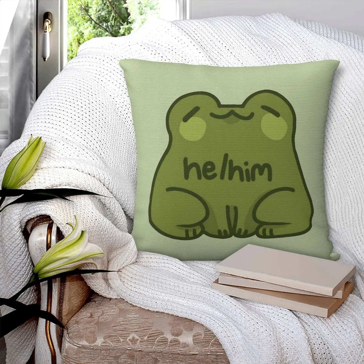 He Him Frog Pronouns Square Pillowcase Pillow Cover Polyester Cushion Decor Comfort Throw Pillow for Home Car