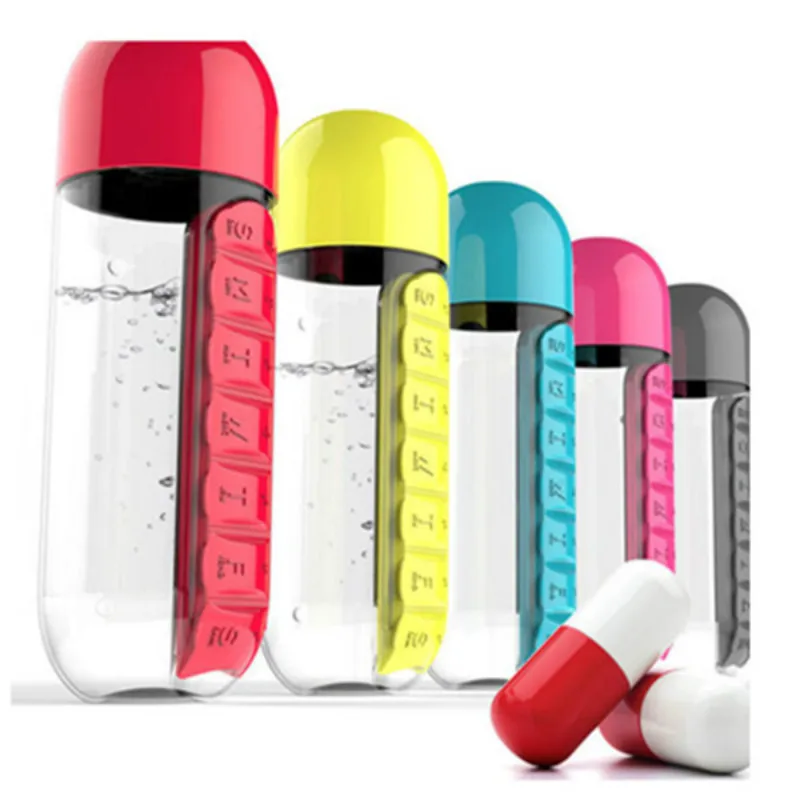 600ml Sports Plastic Water Bottle Combine Daily Pill Boxes Organizer Drinking Bottles Leak-Proof Bottle Tumbler Outdoor One week