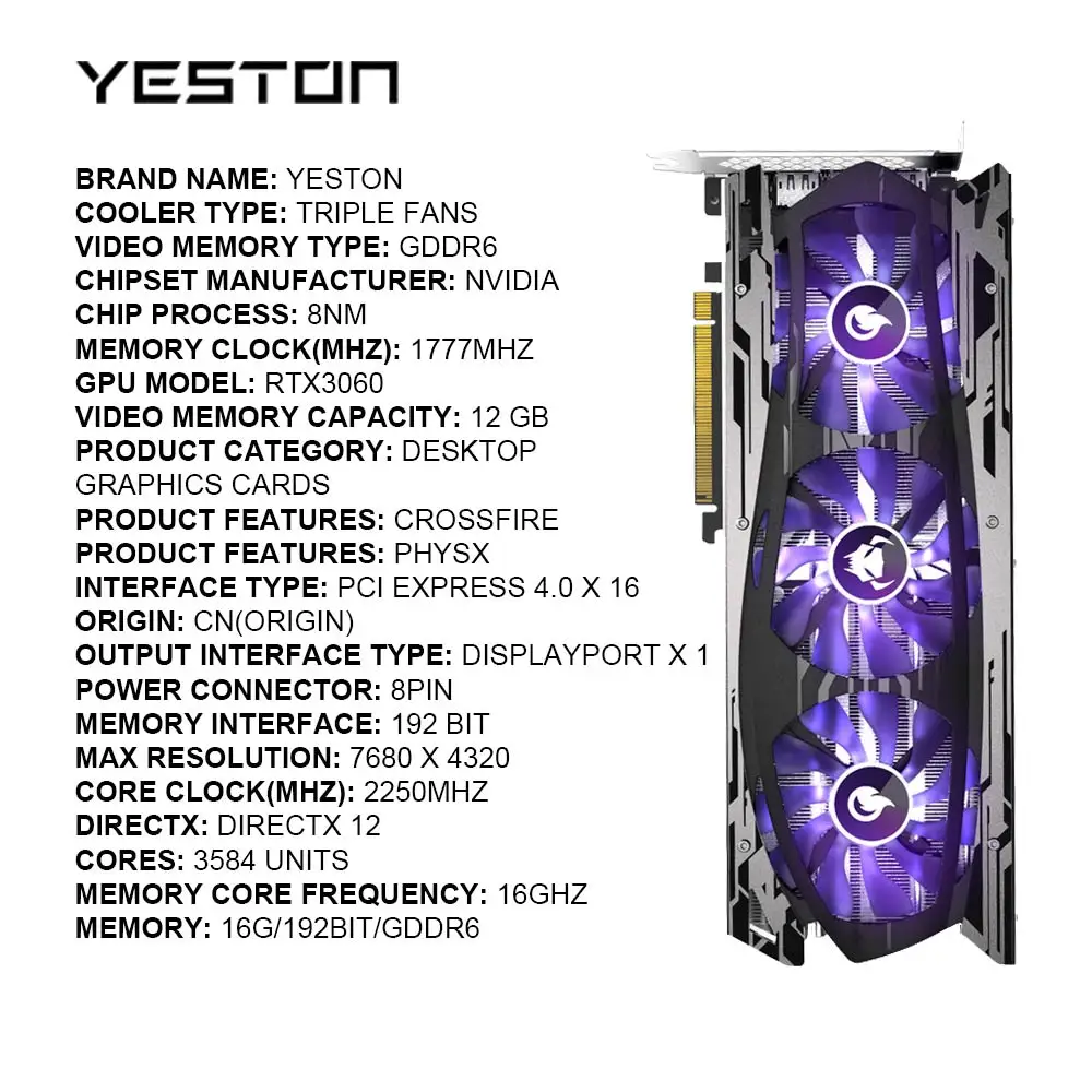 Yeston New NVIDIA Graphics Card Geforce RTX 3060 12G placa de video 3060 GDDR6 192bit Video Card RGB Computer Desktop GPU rtx