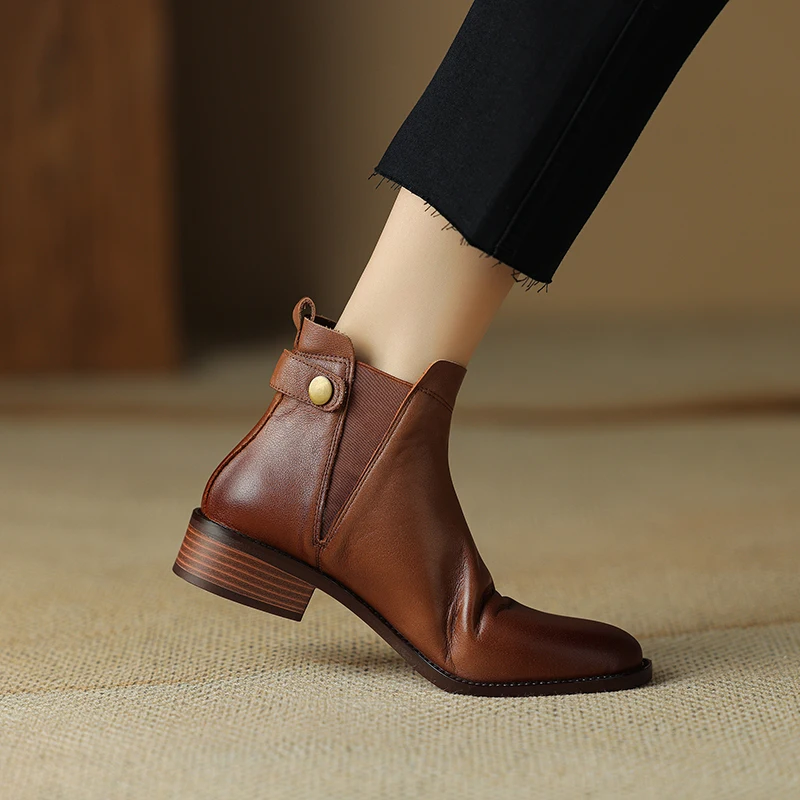 

Genuine Leather Cow Leather Round Toe Retro Elastic Band Women Ankle Boots Modern Booties fashion Chelsea Boots Women Shoes