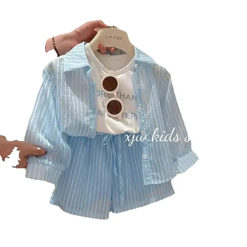 Summer girls' striped shirt long sleeved sunscreen shorts vest three piece set new stylish children's thin set