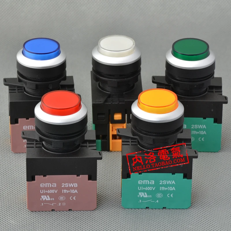 [SA]EMA 22mm illuminated pushbutton switch E2P2 * .M/A self-resetting/lock  blue green red white yellow DC6V/12V/24V AC110/220V