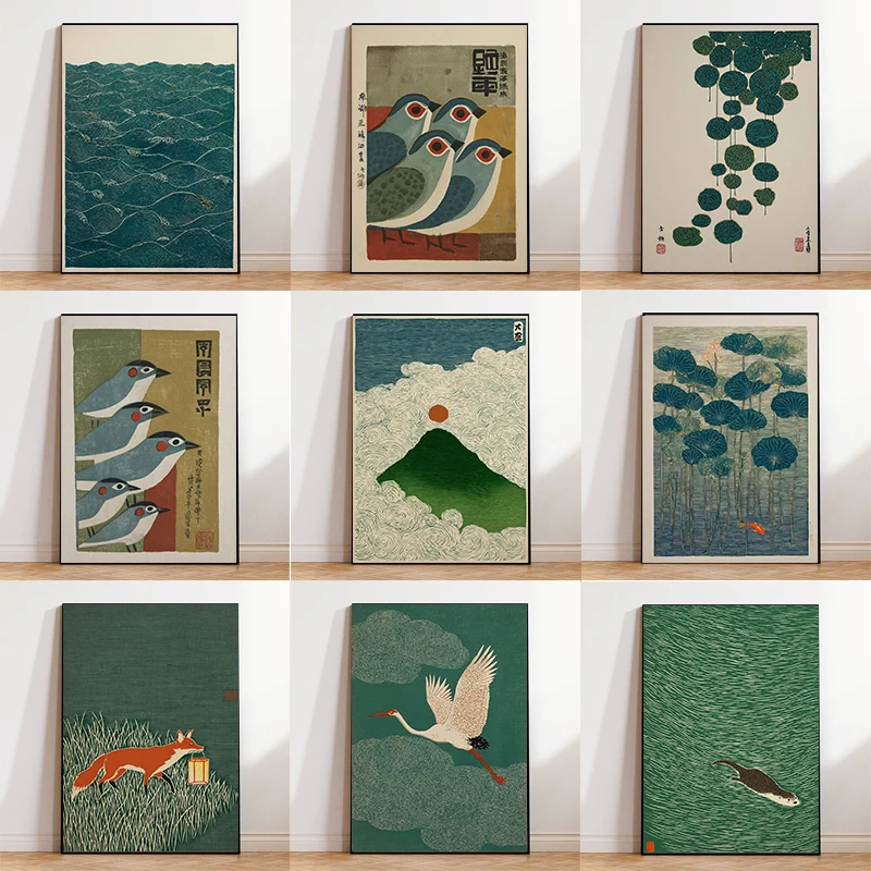 Minimalistisches Tier-Illustrations-Poster Japanische Vogel-Kunstdrucke Retro-Landschaft Leinwandgemälde Vintage Wandbild Heimdekoration