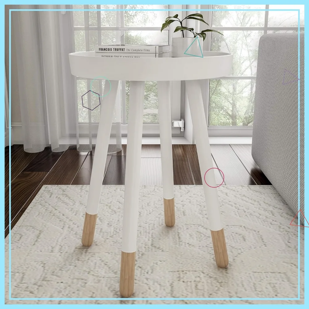 

Mid-Century Modern Round End Table with Tray Top, White and Natural Finish for Living Room, Bedroom or Office