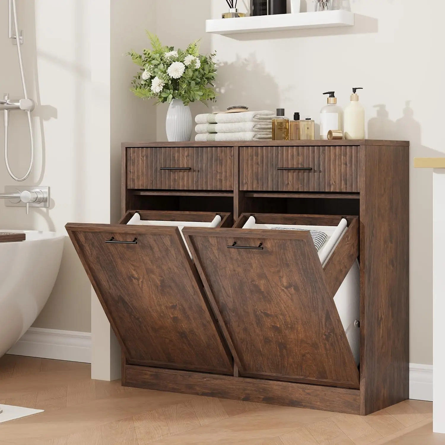 20Gal Double Tilt Out Laundry Hamper Cabinet with Drawers, Vintage, Customized