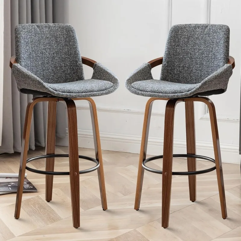 

25.6" Bar Height Barstools Set of 2 Mid Century Modern Retro Bar Chairs Charcoal Grey Linen Look Fabric Upholstered and Frame