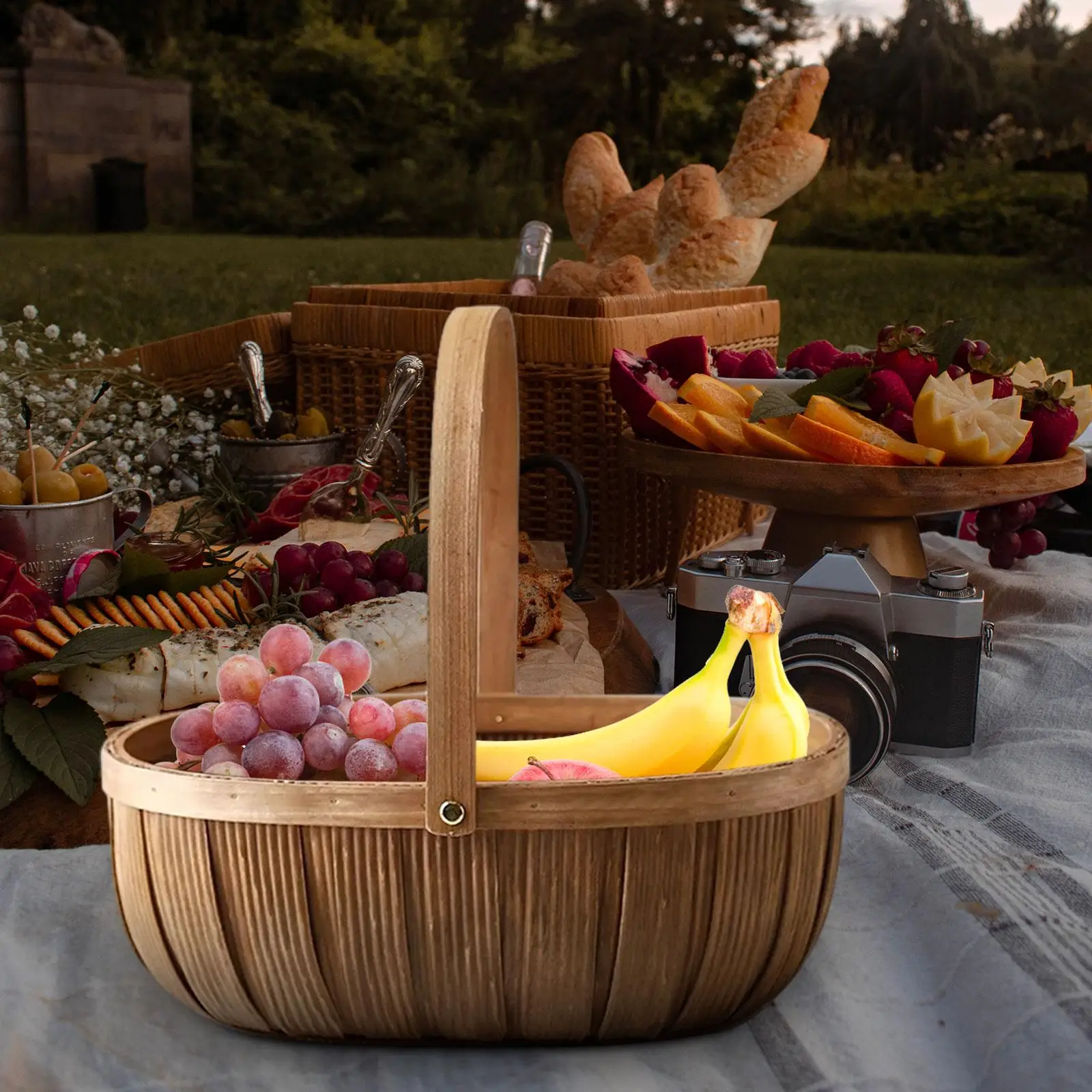 Wood Chip Picnic Basket with Handle Wicker Woven Farmhouse Decor Garden Basket for Bath Toy Kids Toys Sturdy Multifunctional view 6