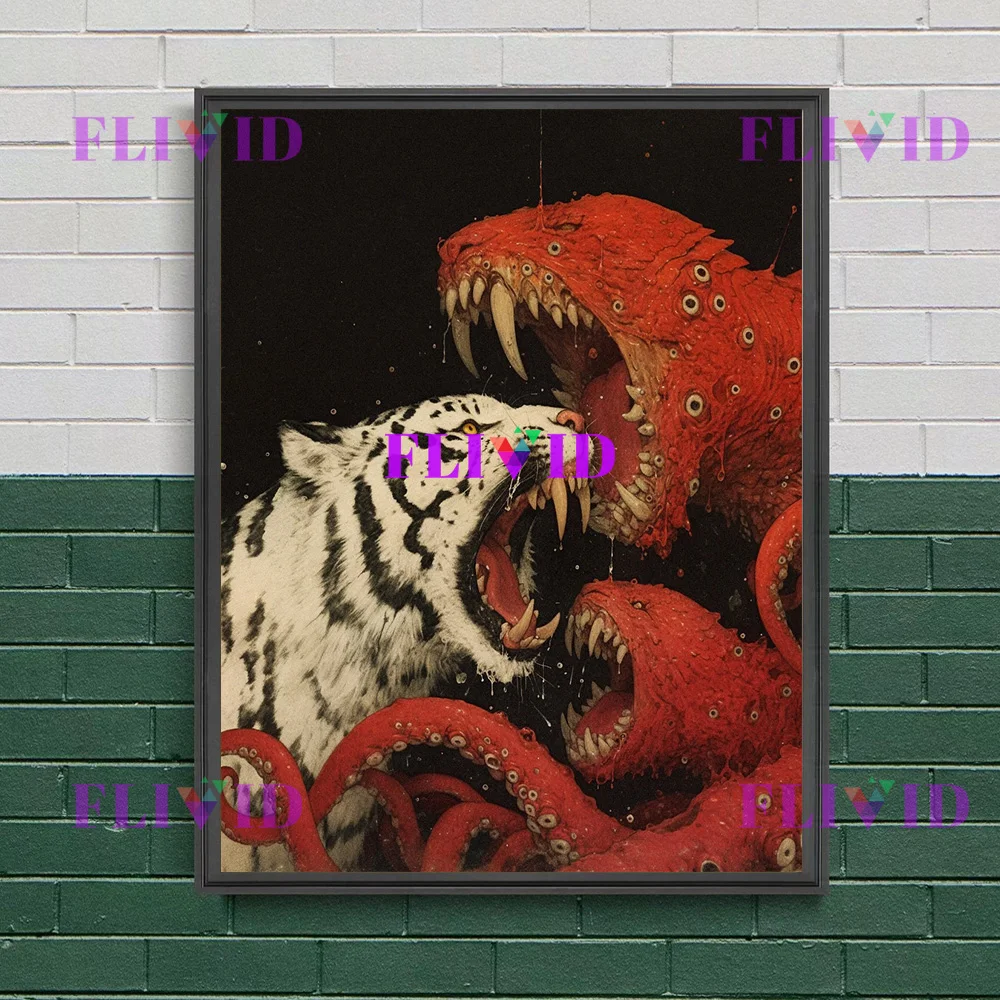 الأسطورية النمر والأخطبوط معركة الرسم على لوحات القماش الجدارية سريالية الظلام ملصق فني النمر الشرس مخالب الأخطبوط طباعة ديكور