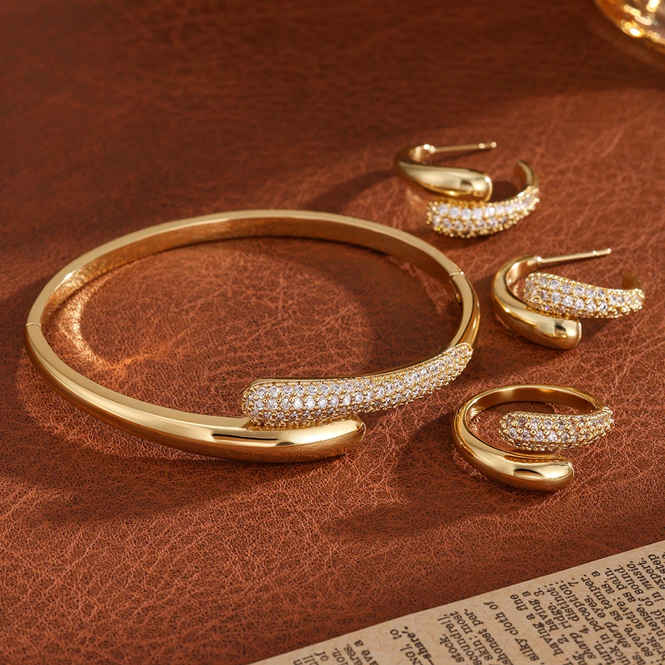 ZAKOL 3 قطعة/المجموعة مايكرو مطعمة الزركون قطرة الماء سوار مفتوح حلقة طقم من الحلقان للنساء مجموعات مجوهرات الزفاف الفاخرة