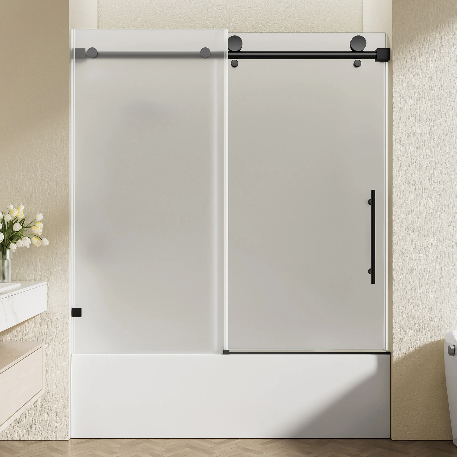 

56-60" W x 60" H Matte Black Top Roller Sliding Shower Door, 1/4"(6mm) Frosted SGCC ANSI Certified Tempered Glass With Nano Self-Clean Coating & Reversible Left/Right Installation Hardware