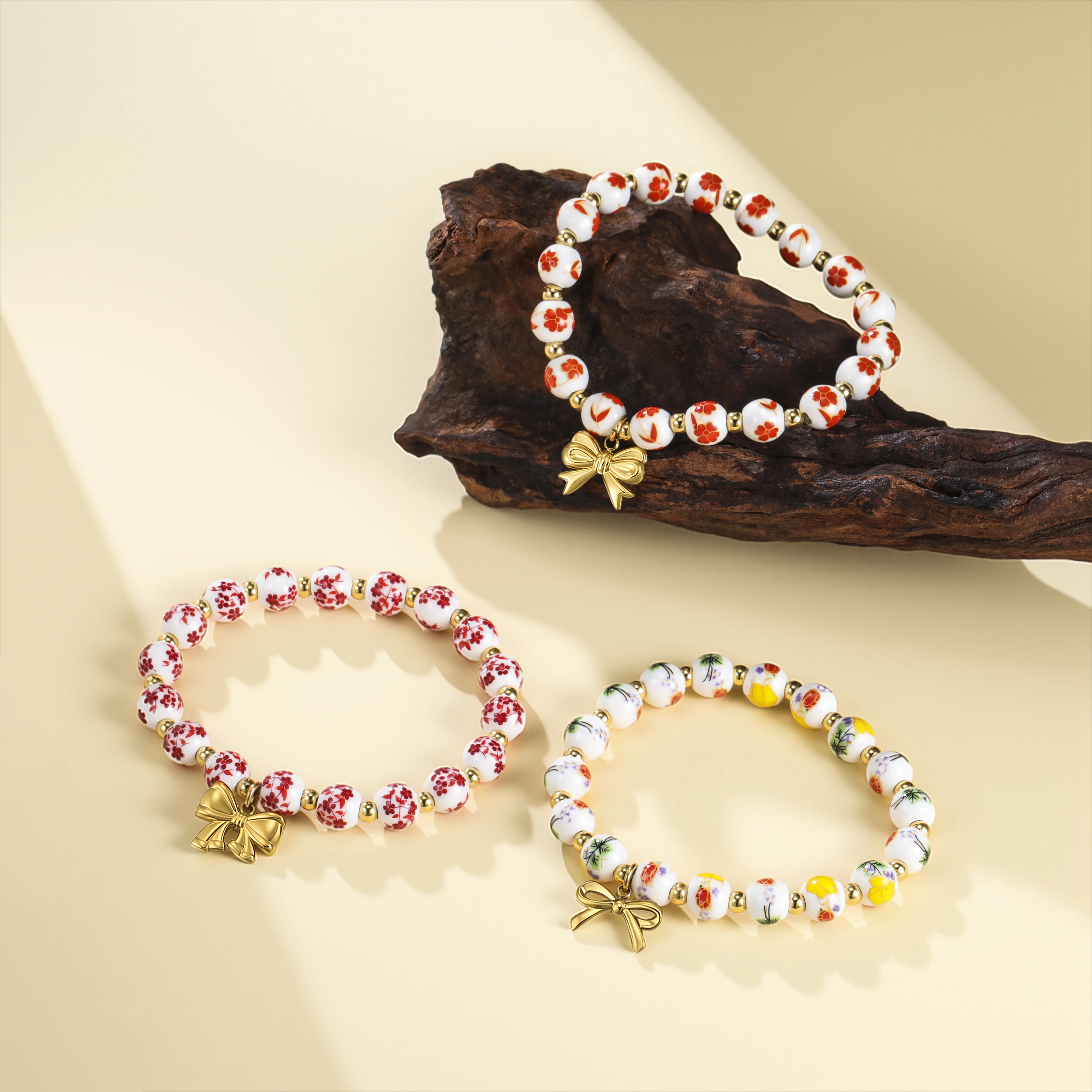 سوار خرز من البورسلين الملون، مجوهرات زهرية مصنوعة يدويًا على شكل فيونكة ذهبية للإكسسوارات اليومية للنساء