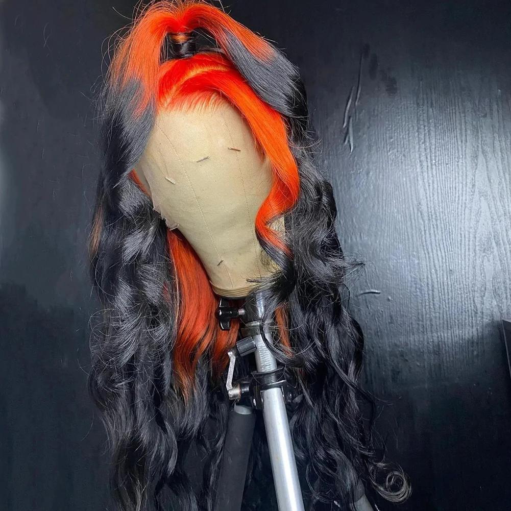 Peruca dianteira de renda sintética carisma para mulheres, onda longa do corpo, laranja a preto, perucas ombre, peruca frontal, cosplay, 26 cm