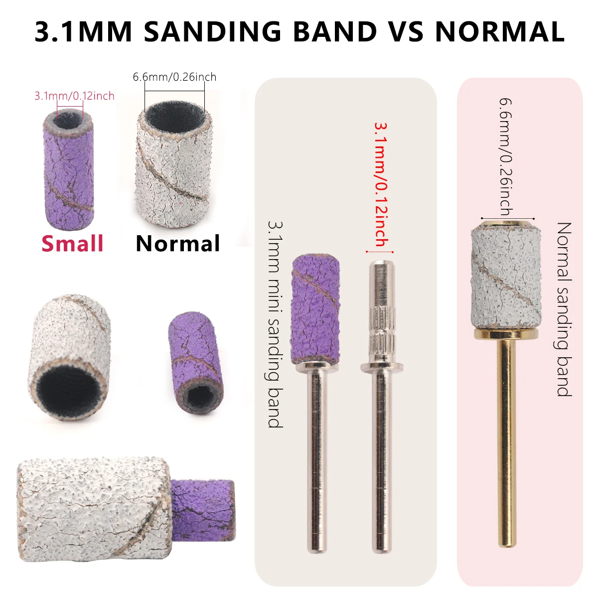 100 peças de mini bandas de lixa de 3,1mm, kits de brocas para unhas, conjuntos de mandris, acessórios elétricos para manicure, ferramenta removedora de pele morta, lixa de unhas