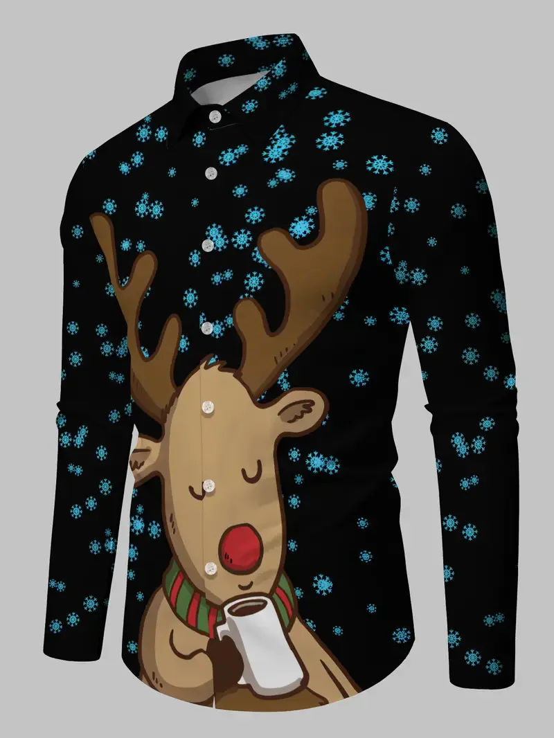 

Men's Christmas snowman long sleeved button up shirt with printed Christmas patterns party shirt men's shirt top