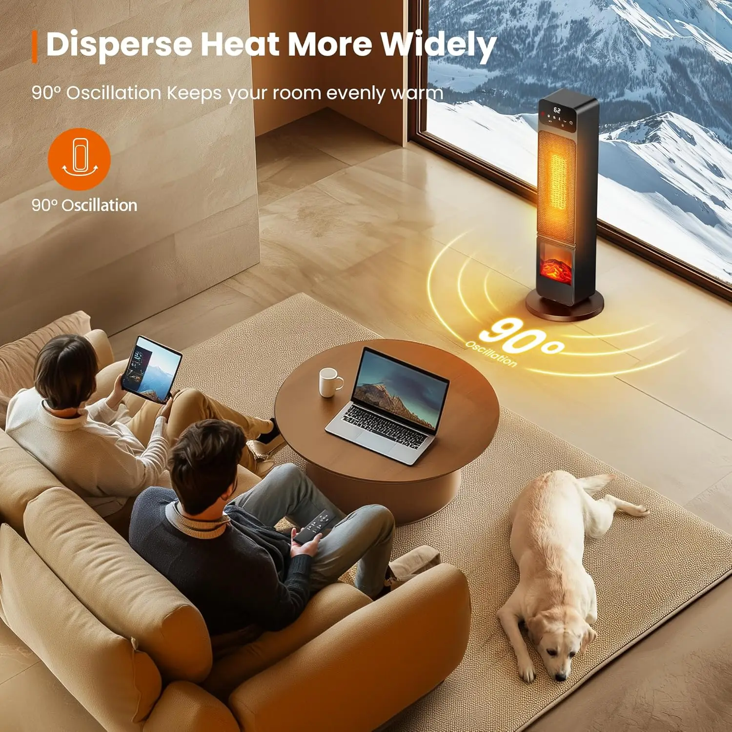 타워 히터 및 팬 콤보, 1500W PTC 전기 벽난로(3D 불꽃 포함), 90 °   진동, 리모컨, 타이머, 어린이 보호 기능, 에코 모드