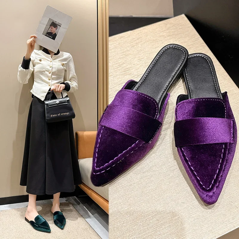 Half Slip on Shoes Women Luxury Velvet Moccasins Fashion Pointed Toe Loafers Ladies Summer Autummn Velour Ballet Flat Shoes