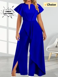 2024 Summer New Elegant Women's V-neck Irregular Jumpsuit Solid Color Short Sleeved Long Style Banquet Women's Jumpsuit