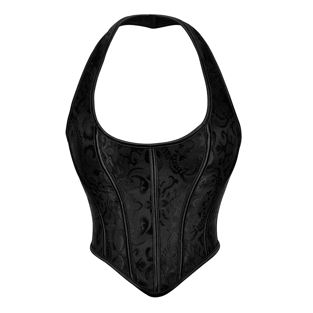 

Halter Neck Overbust Corset Vest Jacquard Black Waist Bustier Crop Top Camis