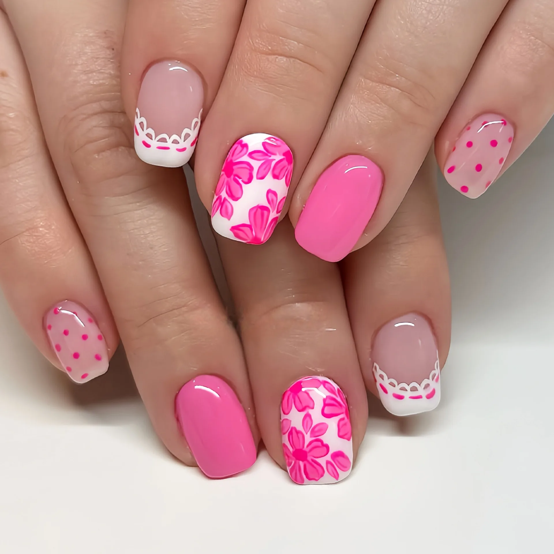 

24Pcs Polka Dot White Lace French Press on Nails Full Cover Pink Flower Short Square False Nails Fashion Reusable Fake Nail Tips