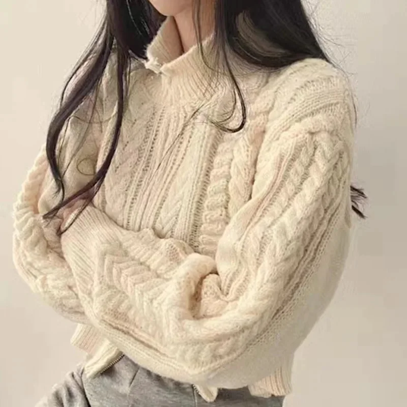 Twists Sweater Coat Female Korean Fried Dough Autumn Winter Retro Temperament Student Double Zipper Solid Knitting Cardigan Top