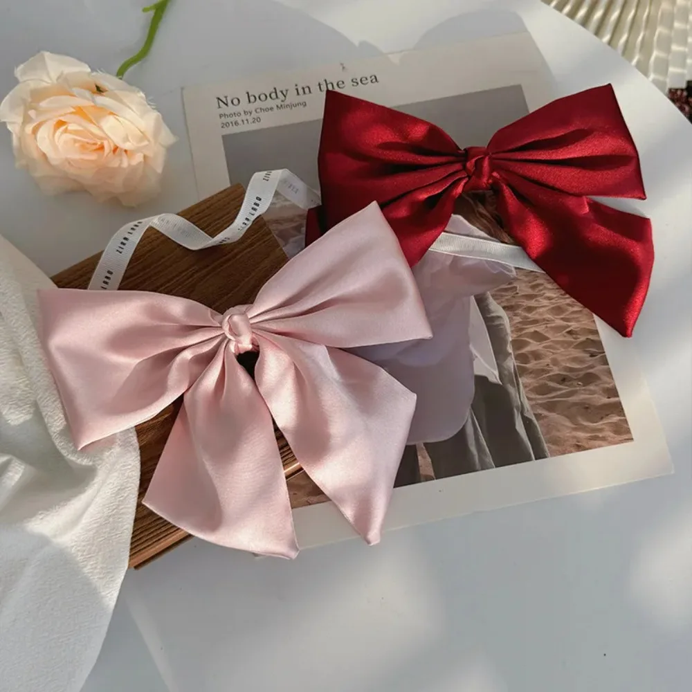 Temperament Big Bow Hairpin Cloth Satin Solid Color Spring Clip Ponytail Clips Female