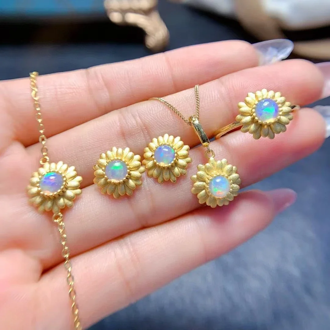 Attractive Daisy 925 Silver Jewelry Set for Party 5mm 2ct Natural Opal Ring Earrings Pendant and Bracelet with 18K Gold Plating