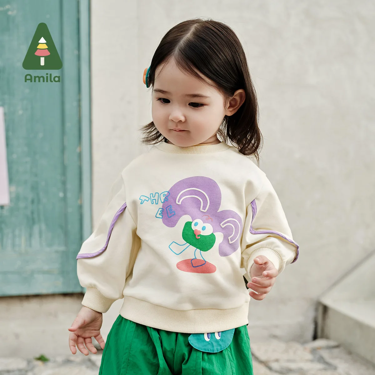 Amila Baby Sweatshirts 2024 Spring New Contrast Puff Sleeves Cute Cartoon Pattern O-neck Pullover Girls\' Tops