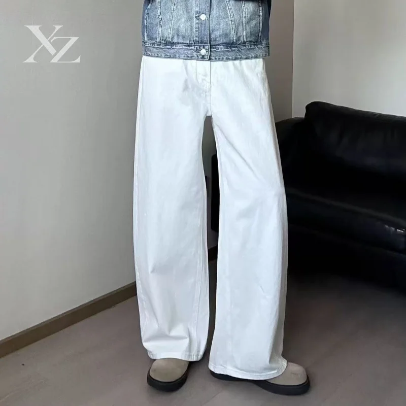 Opening Sale |Men High Waist White Wide Leg Jeans Non Stretch Baggy Length Loose Fit Casual Straight Denim Trousers Daily Street - view 5