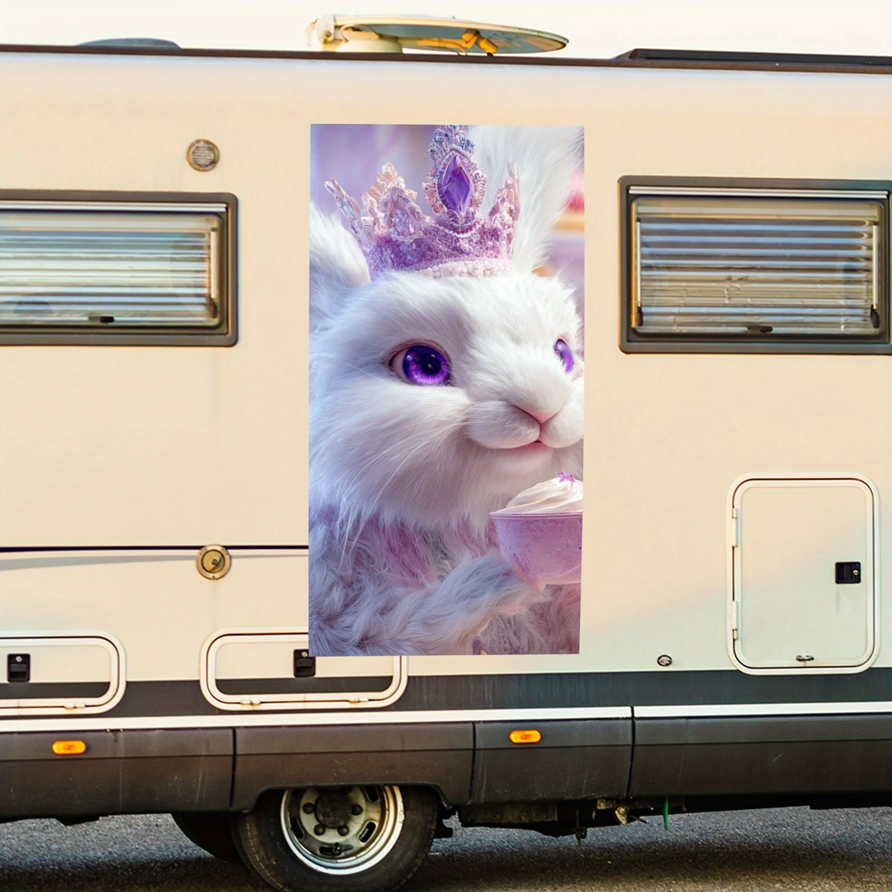 

Cute Rabbit with Crown and Drink Car Sticker,Waterproof Vinyl Decal for RV Side, Self - Adhesive Stickers to Decorate & Protect