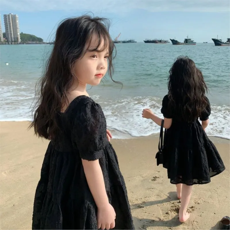 2024 New New Spring Summer Baby Children Kids Girl Black Fashion Casual Cotton Dresses Children\'s Clothes