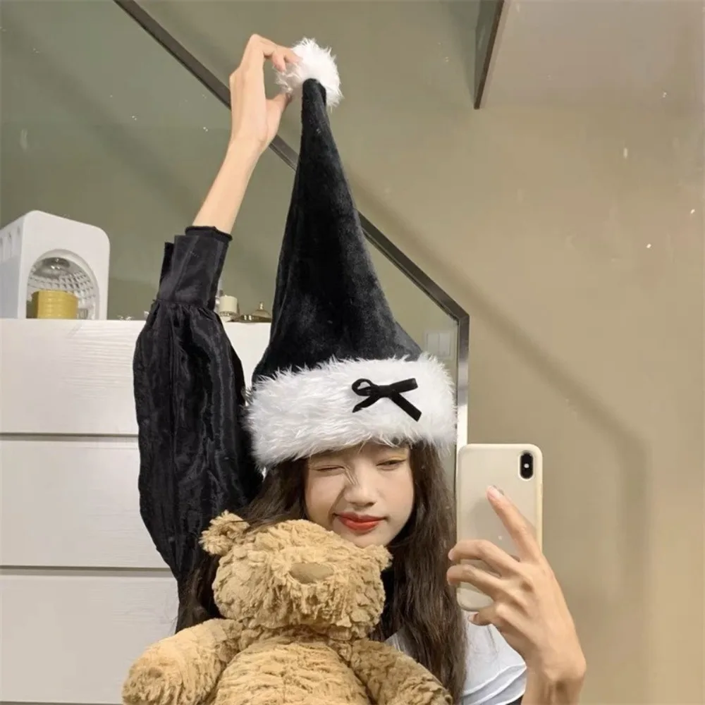 Fashion Red Plush Christmas Hat Women's Turban Cosplay Accessories Santa Claus Hat Black Bow Decor Cap New Year