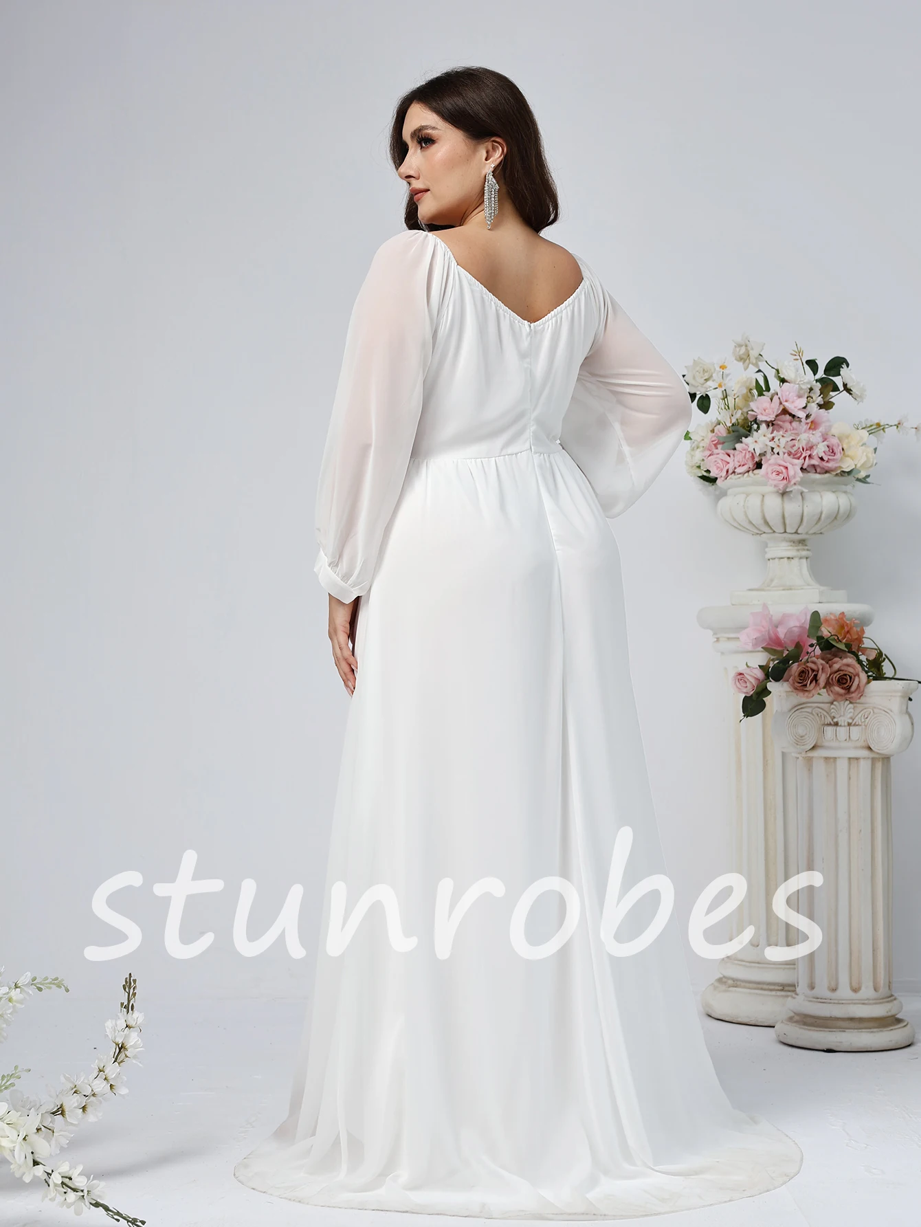 Robe de mariée blanche classique à manches longues, col carré, dos nu simple avec nœud, robe de mariée campagnarde